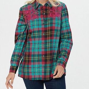 D&co Womens Plus 3XL Green PLAID Floral Embroidered Boho Roll Tab Sleeve Peplum